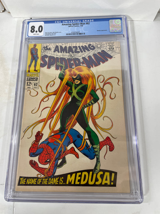 AMAZING SPIDER-MAN #62 CGC 8.0 White pages Medusa app. Marvel July 1968