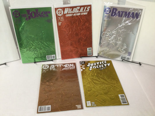 DC Comics 90s Embossed Foil Joker 2 Batman 129 Justice Society 1 Lot of 5 - NM