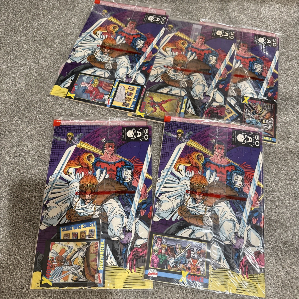 X-Force #1 1991 ALL 5 CARDS Sealed Set Polybags Deadpool Rookie Card Black UPC