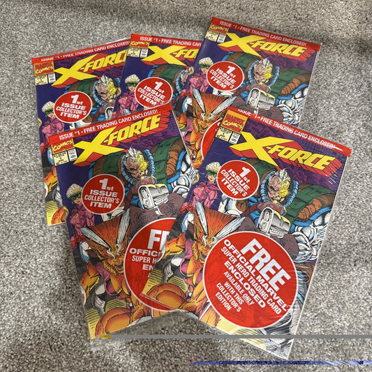 X-Force #1 1991 ALL 5 CARDS Sealed Set Polybags Deadpool Rookie Card White UPC